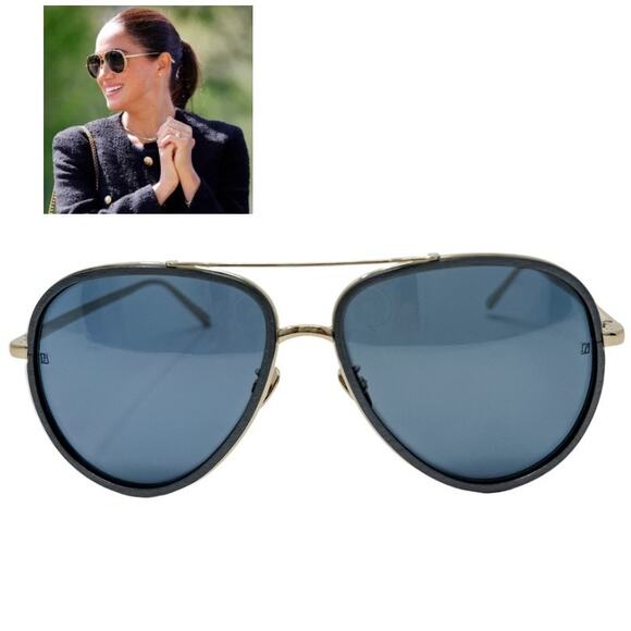 Linda Farrow Premium Luxury Aviator Sunglasses Blue Gold w/ case, box LFL 539/5 - Picture 1 of 11